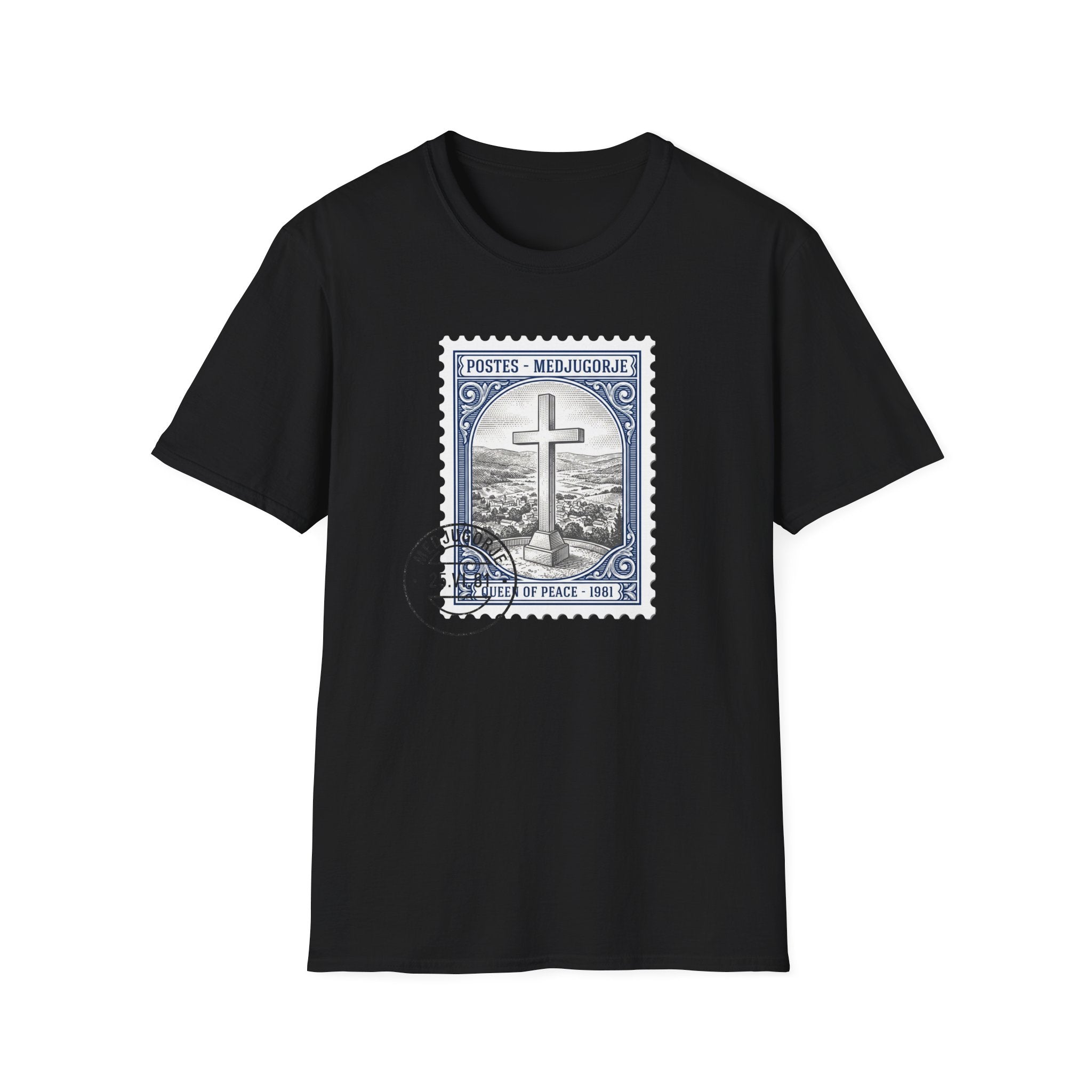 Christian Cross Stamp T‑Shirt — Vintage Postage Religious Tee