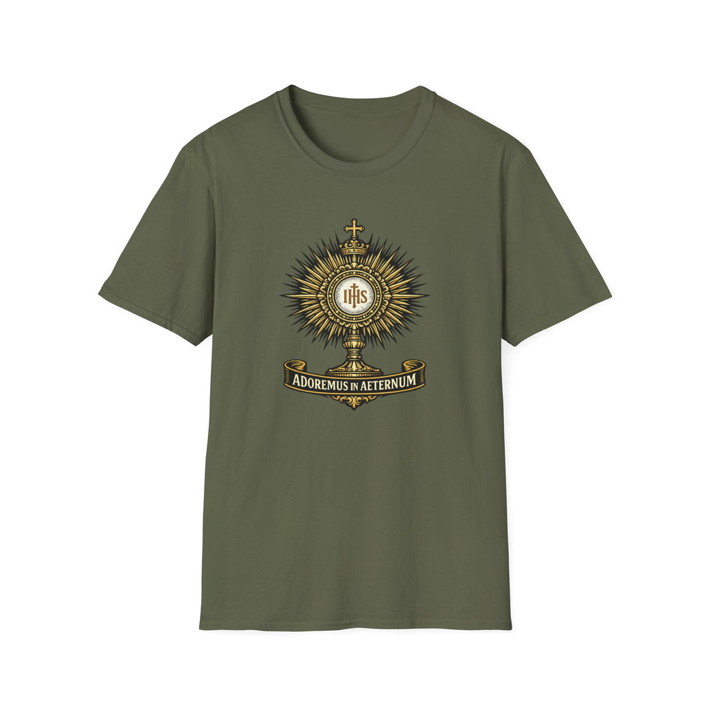Religious Monstrance T-Shirt — “Adoremus in Aeternum” Catholic Eucharist Tee