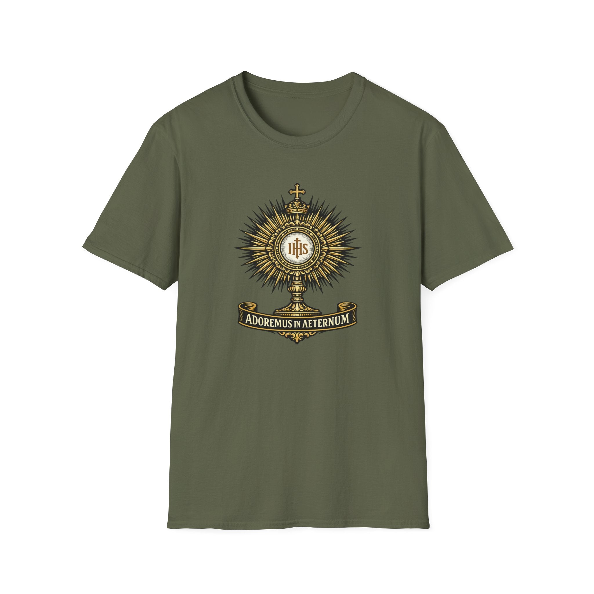 Religious Monstrance T-Shirt — “Adoremus in Aeternum” Catholic Eucharist Tee