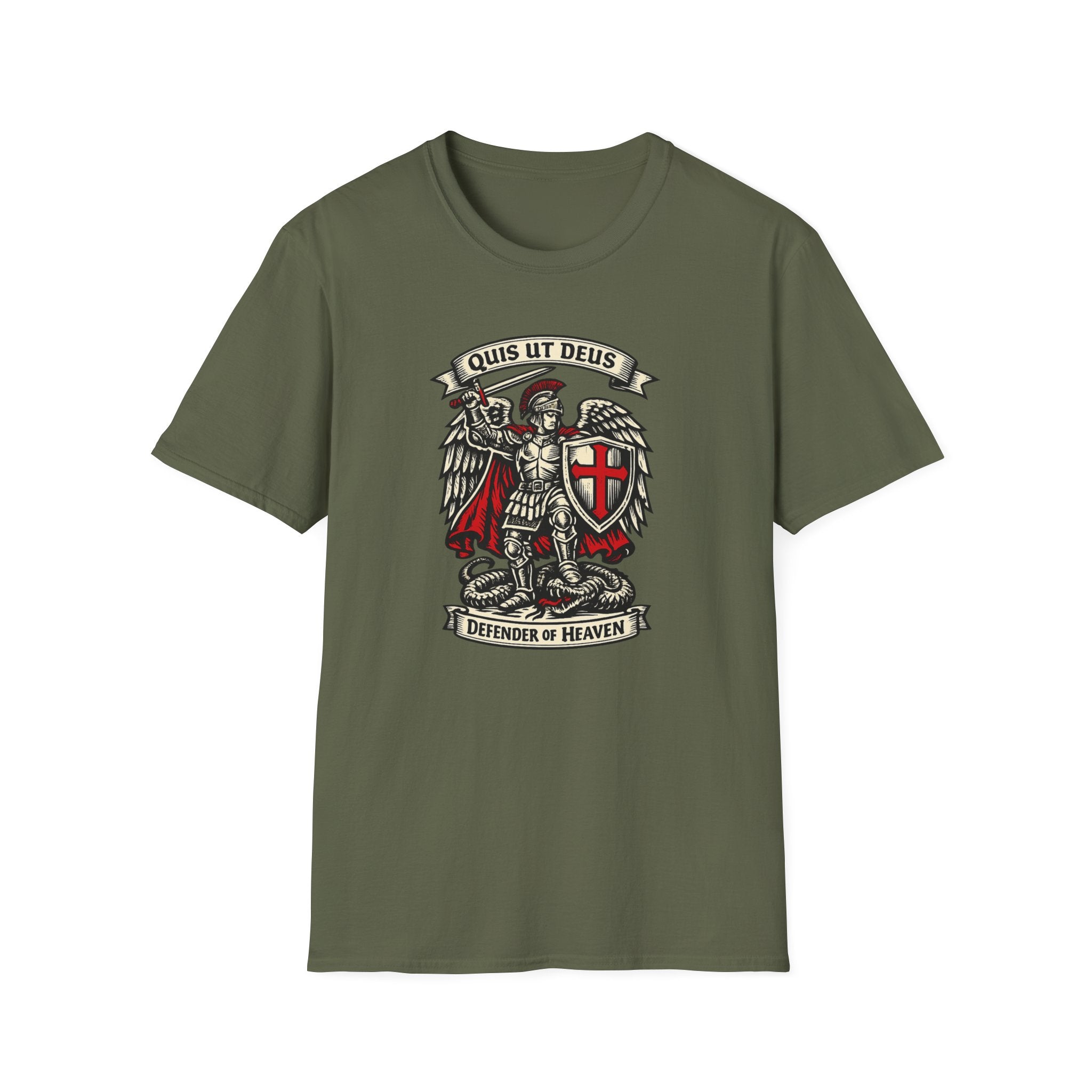 Saint Michael 'Quis Ut Deus' T-Shirt — Defender of Heaven Shield Graphic Tee