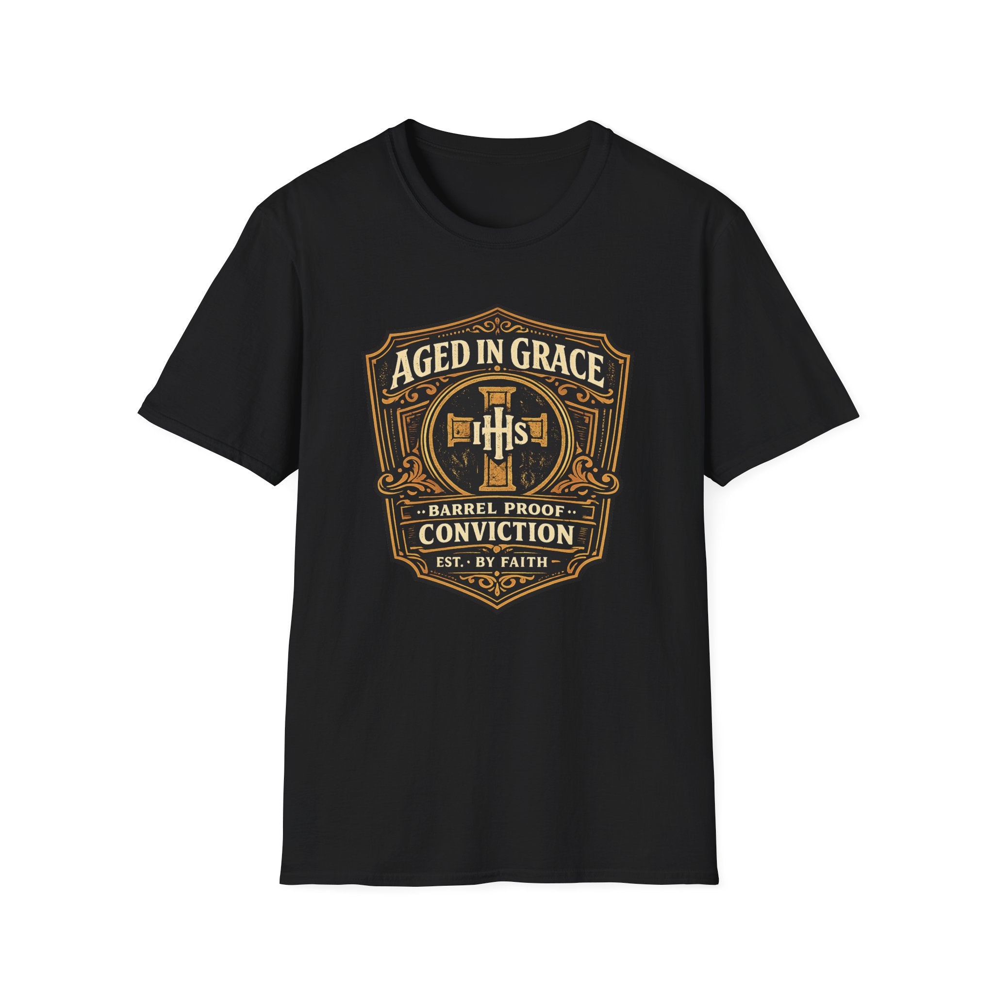 Aged In Grace T-Shirt — 'Aged In Grace: Barrel Proof Conviction' Christian Faith Tee
