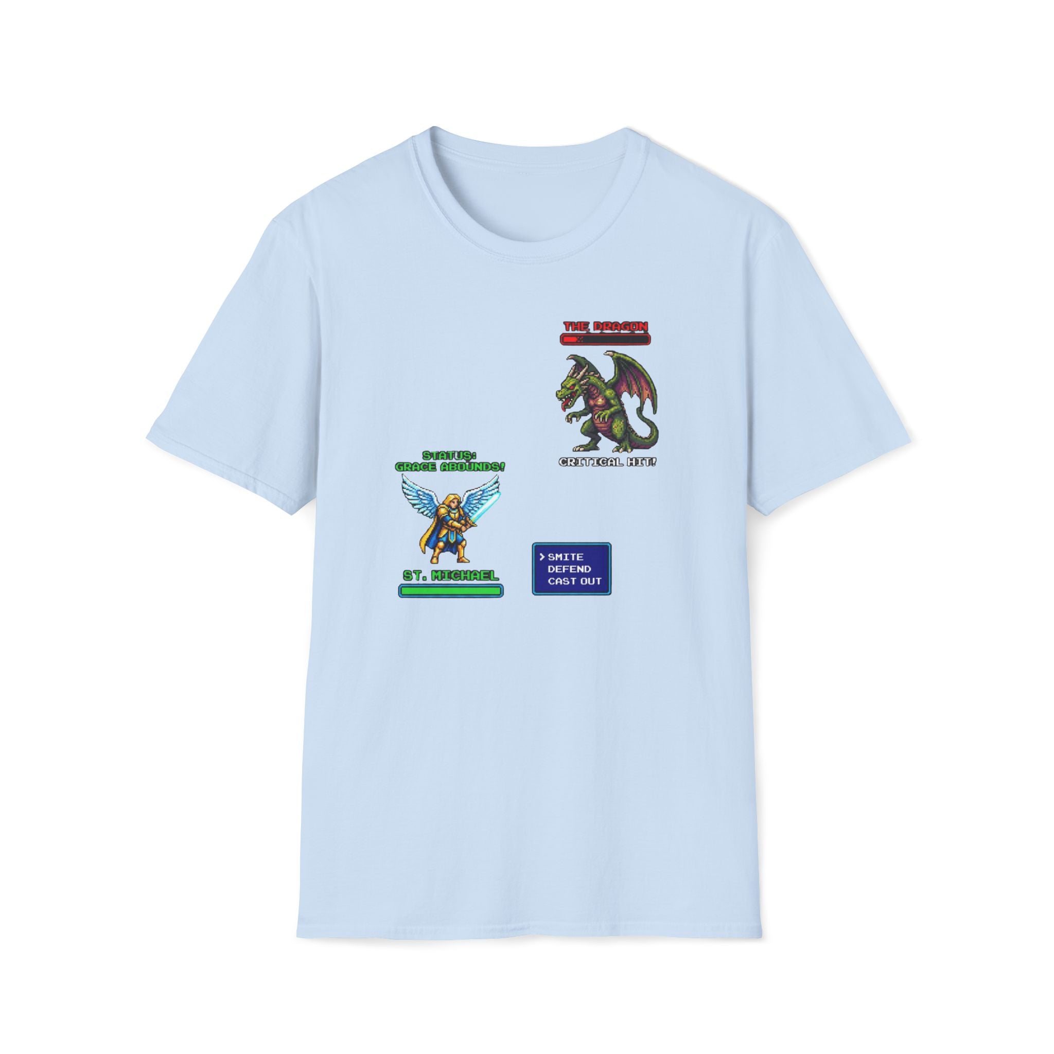 Retro RPG Battle Screen T-Shirt — Pixel Dragon vs Hero Video Game Tee