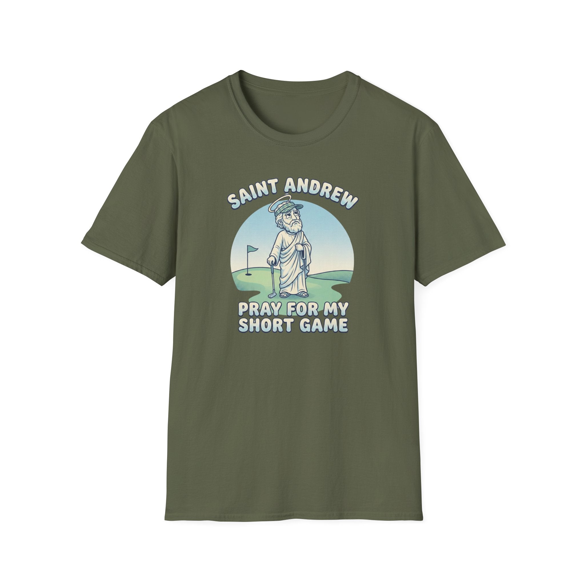 Saint Andrew Golf T-Shirt – “Pray For My Short Game” Golf Humor Tee