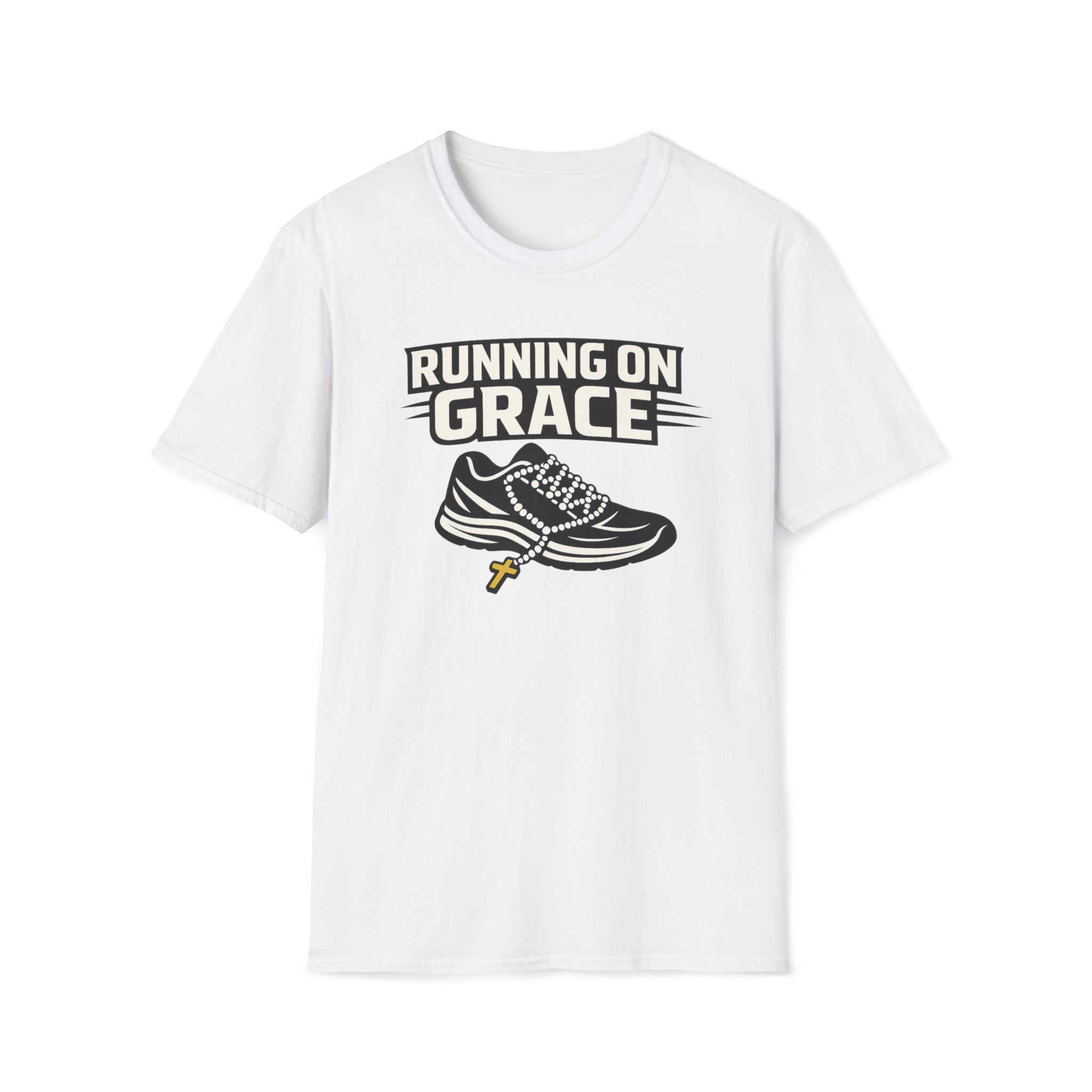 Running On Grace T-Shirt — Christian Running Tee with Sneaker & Cross