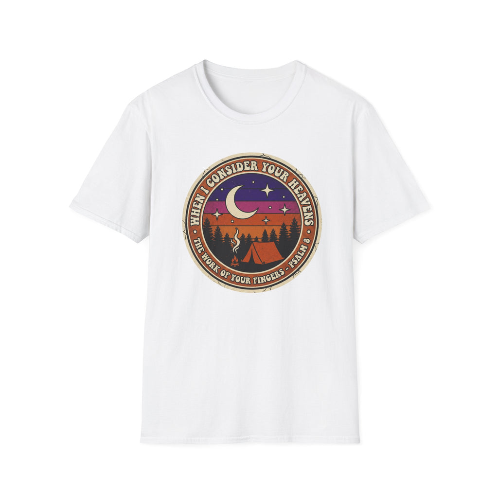 Camping Badge T-Shirt — "When I Consider Your Heavens" Retro Moon & Tent Tee