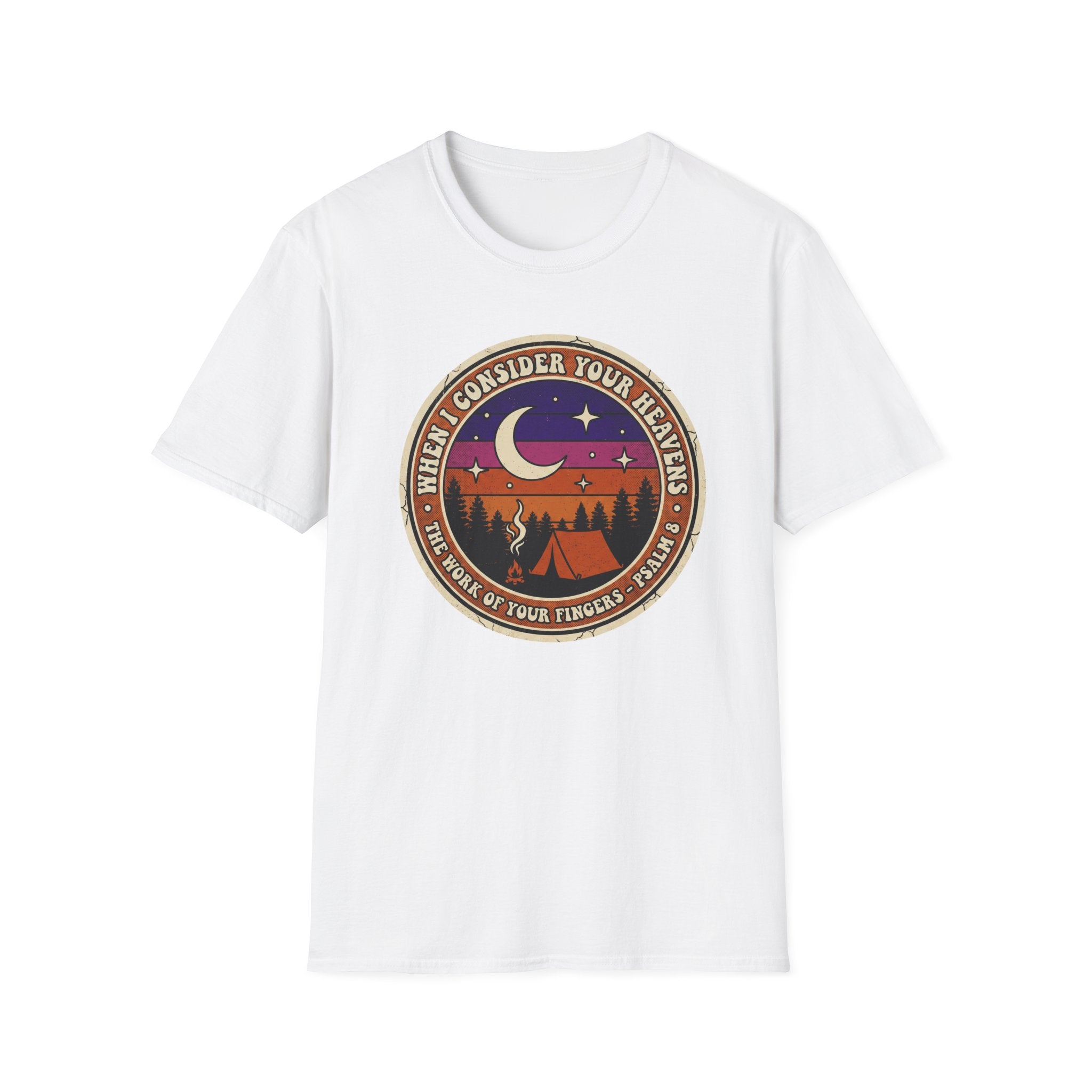 Camping Badge T-Shirt — "When I Consider Your Heavens" Retro Moon & Tent Tee