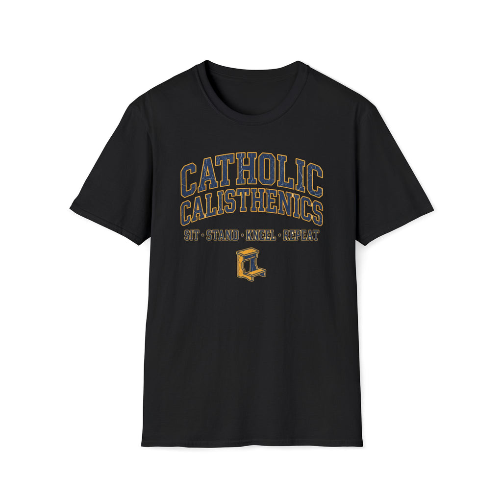 Catholic Calisthenics T-Shirt — "Sit • Stand • Kneel • Repeat" Prayer Bench Tee