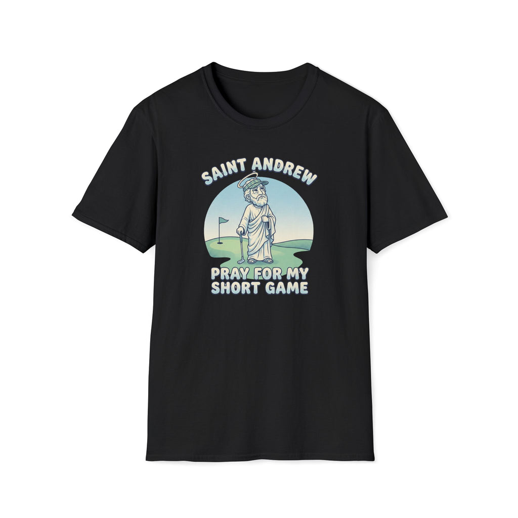 Saint Andrew Golf T-Shirt – “Pray For My Short Game” Golf Humor Tee