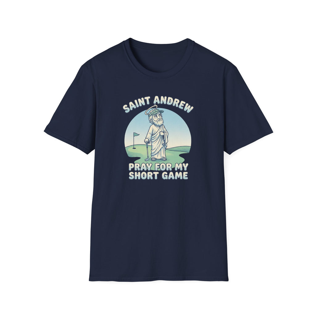 Saint Andrew Golf T-Shirt – “Pray For My Short Game” Golf Humor Tee