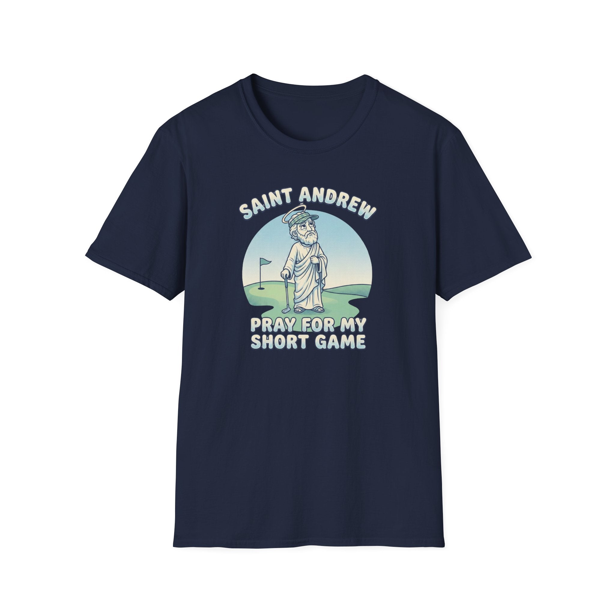 Saint Andrew Golf T-Shirt – “Pray For My Short Game” Golf Humor Tee