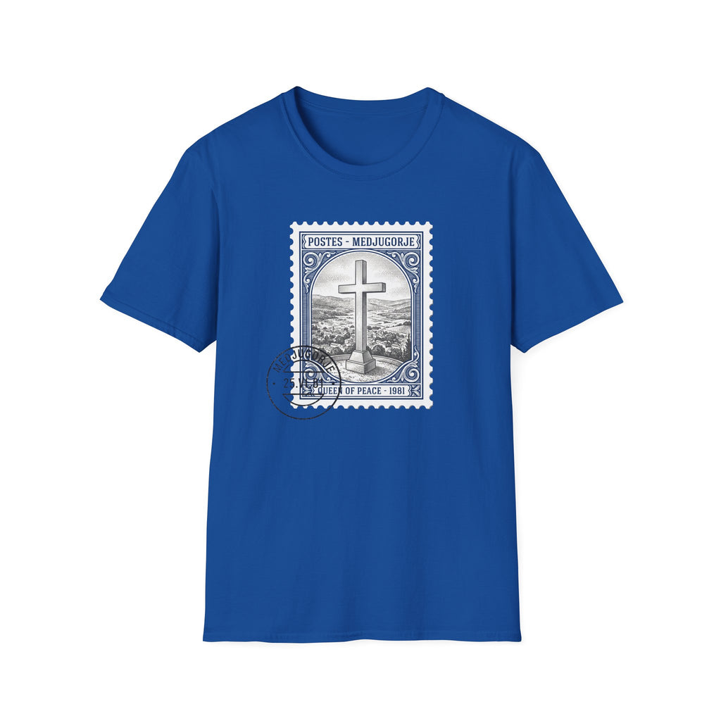 Christian Cross Stamp T‑Shirt — Vintage Postage Religious Tee