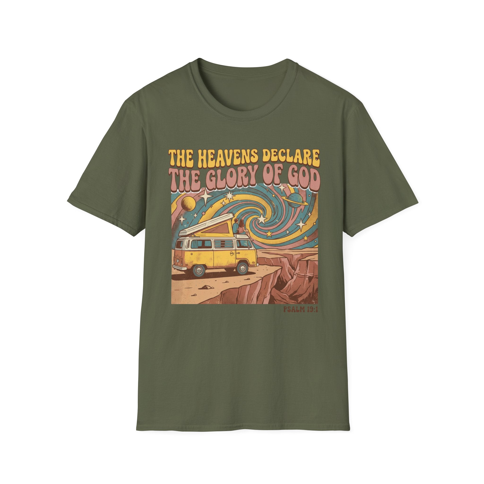 Vintage Road Trip T-Shirt — "The Heavens Declare the Glory of God" Retro Van Graphic