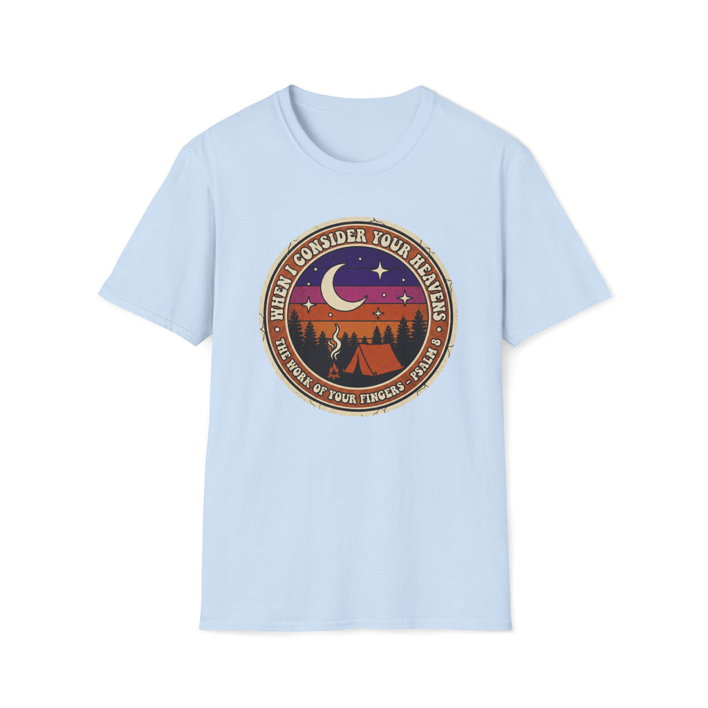 Camping Badge T-Shirt — "When I Consider Your Heavens" Retro Moon & Tent Tee