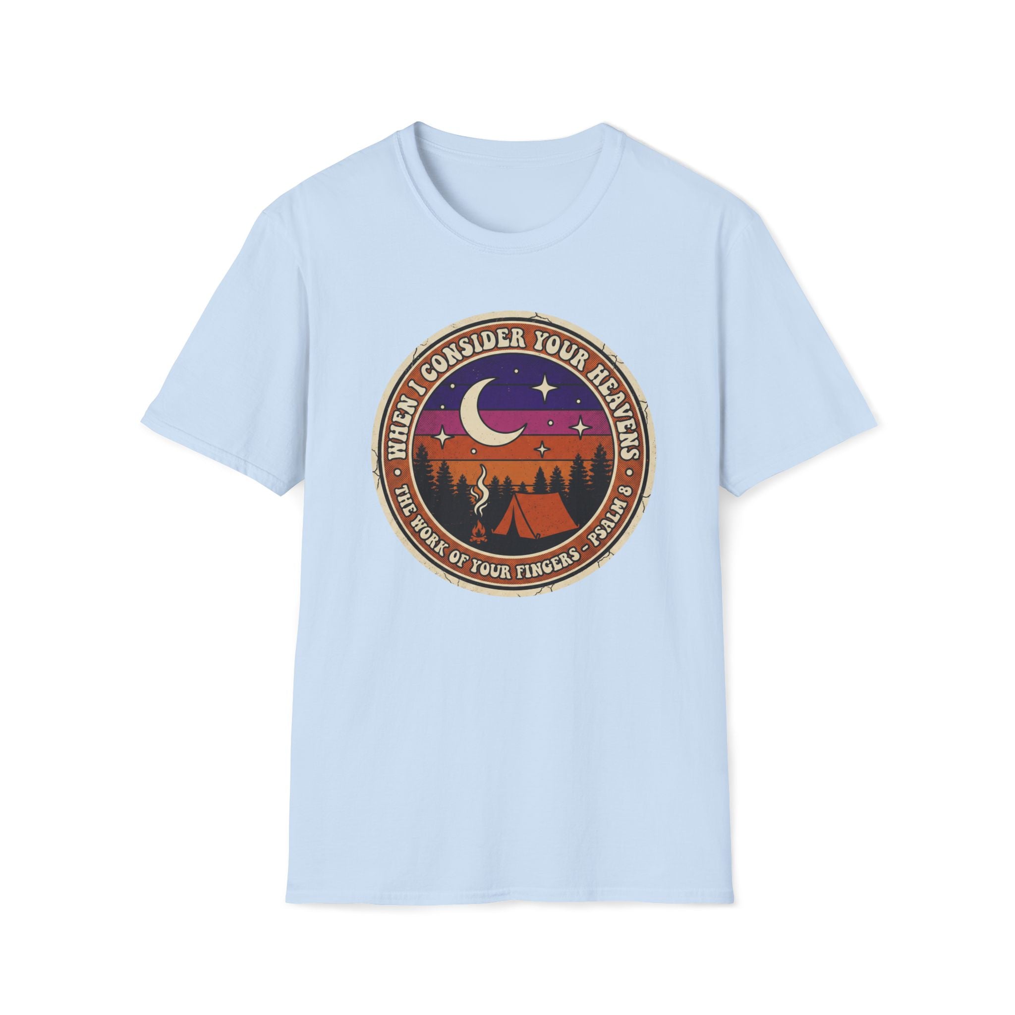 Camping Badge T-Shirt — "When I Consider Your Heavens" Retro Moon & Tent Tee