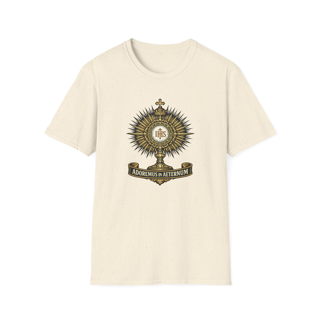 Religious Monstrance T-Shirt — “Adoremus in Aeternum” Catholic Eucharist Tee