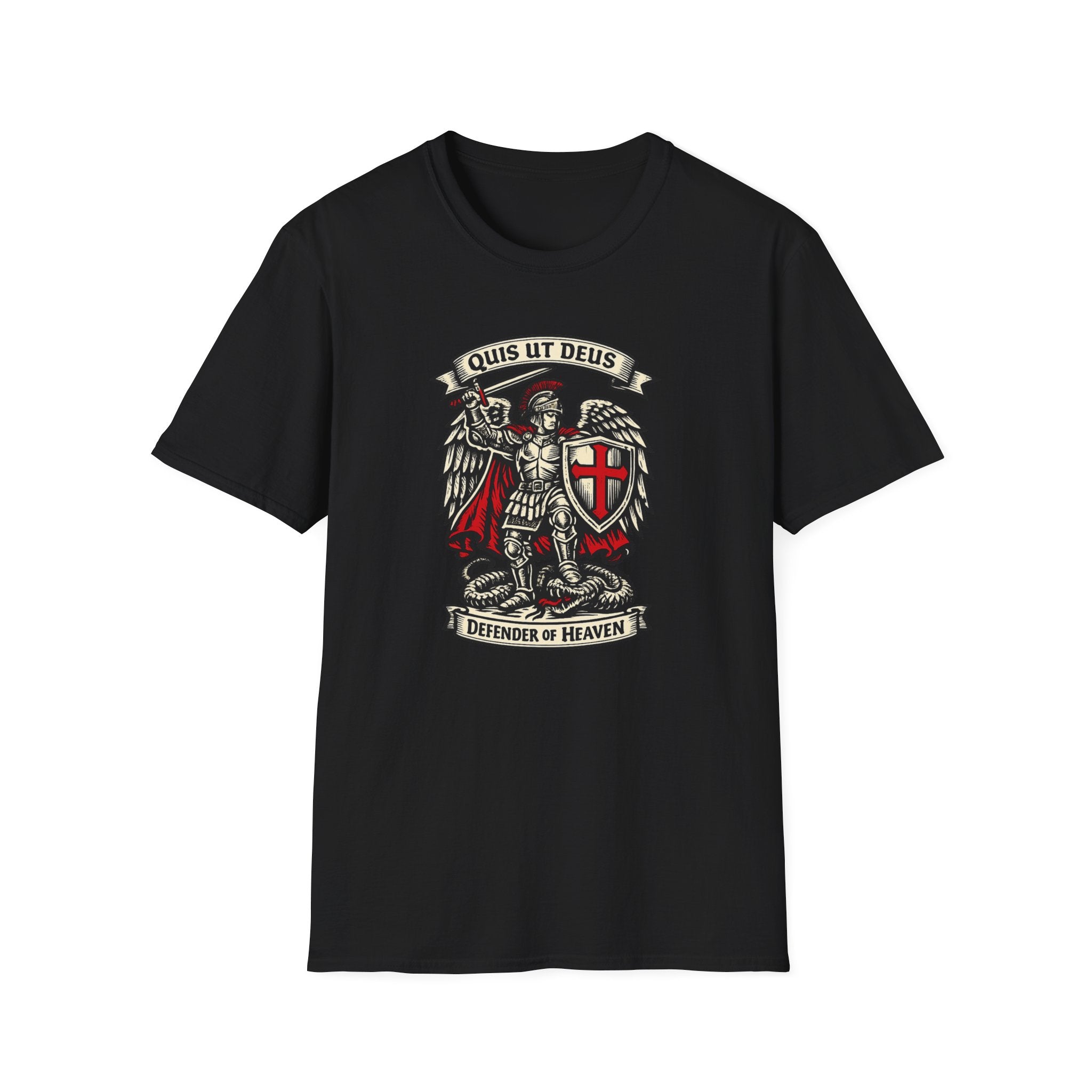 Saint Michael 'Quis Ut Deus' T-Shirt — Defender of Heaven Shield Graphic Tee