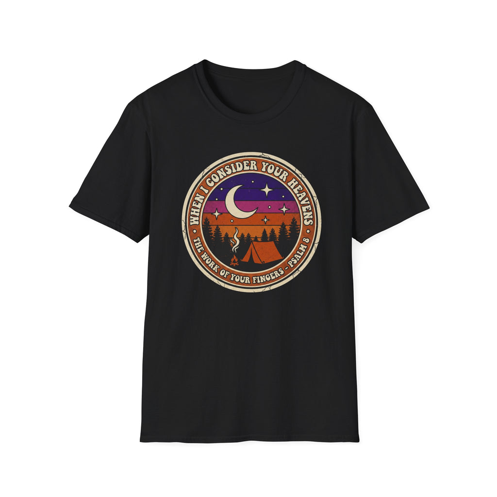 Camping Badge T-Shirt — "When I Consider Your Heavens" Retro Moon & Tent Tee