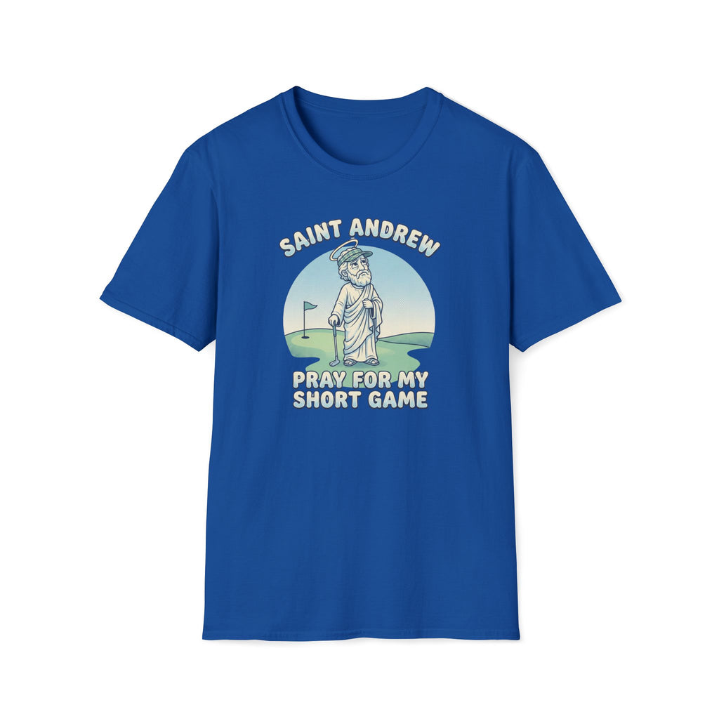 Saint Andrew Golf T-Shirt – “Pray For My Short Game” Golf Humor Tee