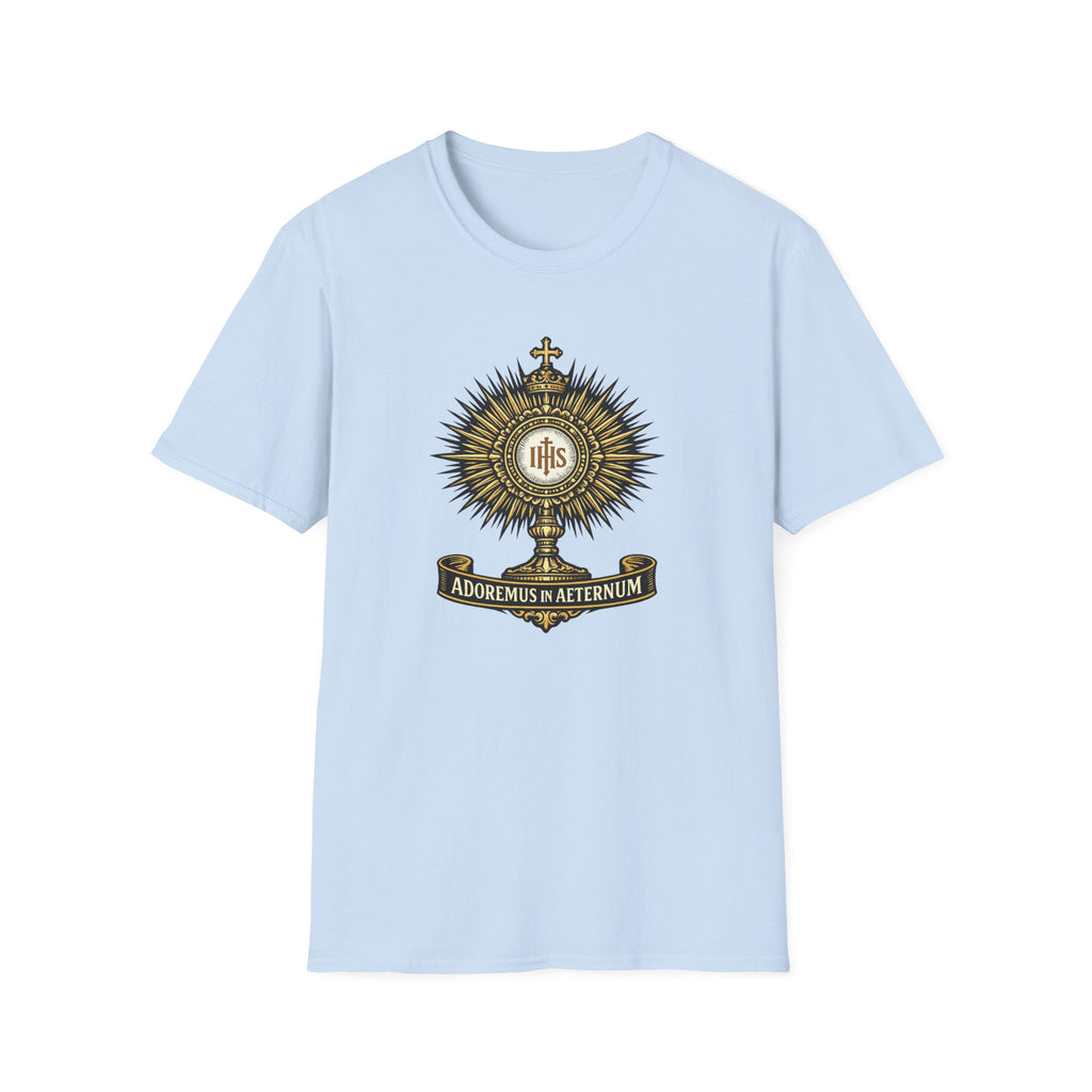 Religious Monstrance T-Shirt — “Adoremus in Aeternum” Catholic Eucharist Tee
