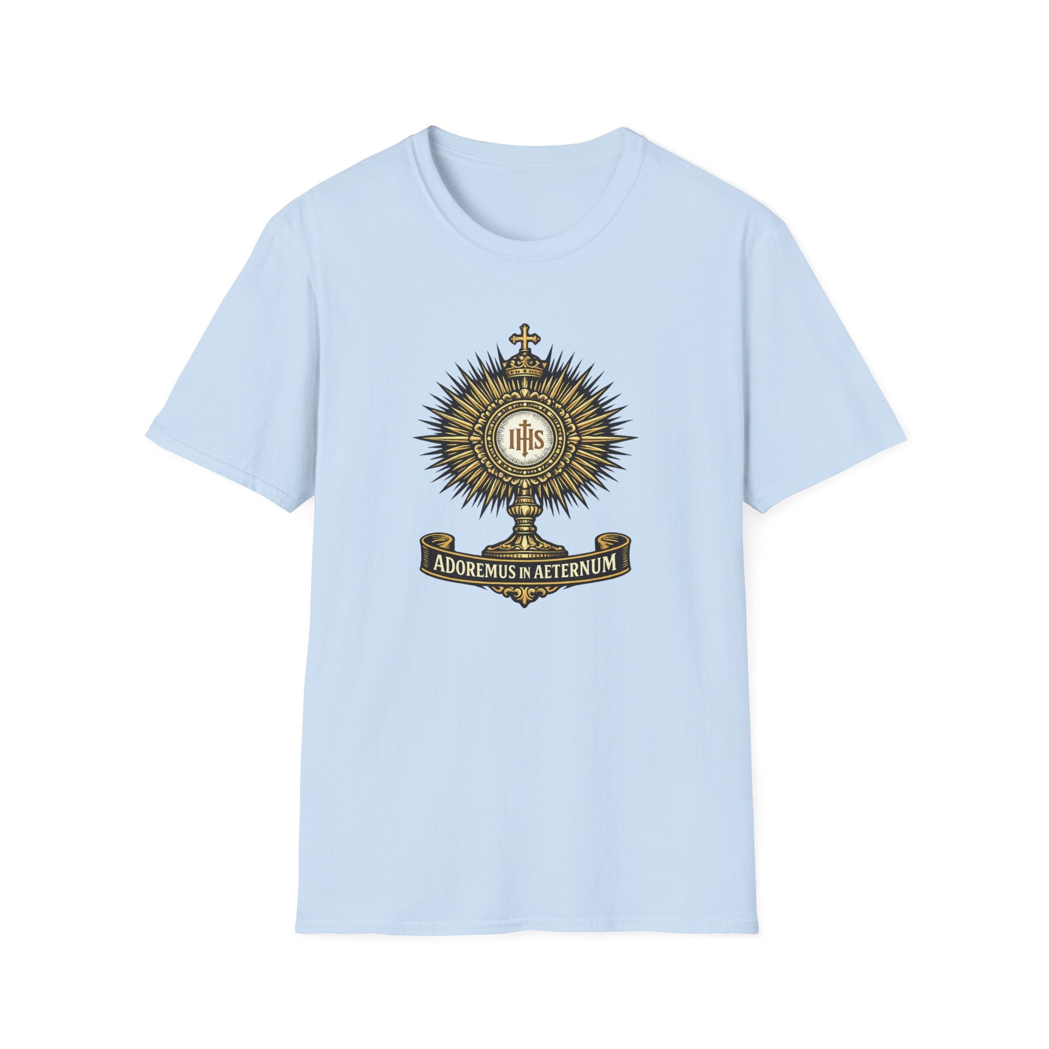 Religious Monstrance T-Shirt — “Adoremus in Aeternum” Catholic Eucharist Tee