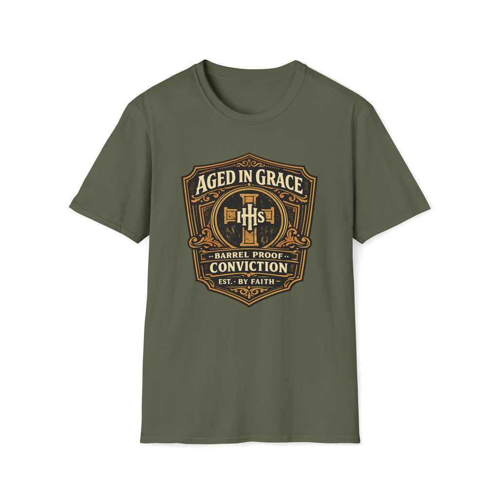 Aged In Grace T-Shirt — 'Aged In Grace: Barrel Proof Conviction' Christian Faith Tee