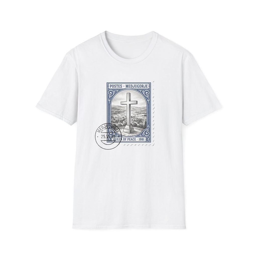 Christian Cross Stamp T‑Shirt — Vintage Postage Religious Tee