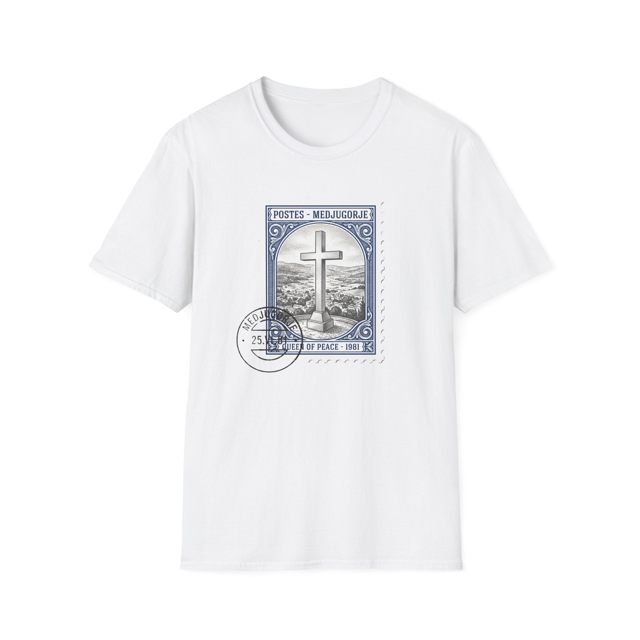 Christian Cross Stamp T‑Shirt — Vintage Postage Religious Tee