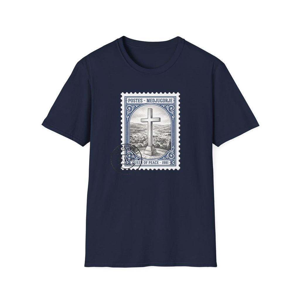 Christian Cross Stamp T‑Shirt — Vintage Postage Religious Tee