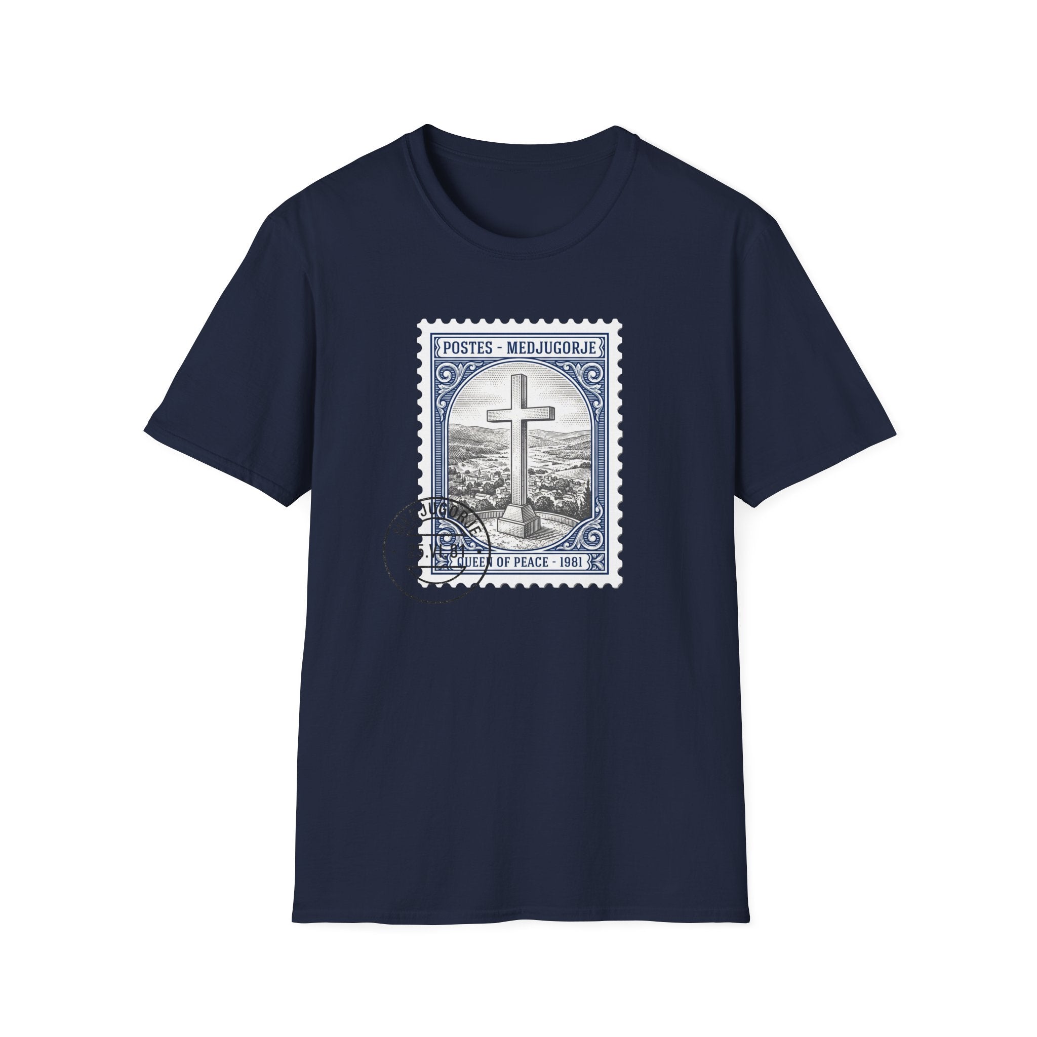 Christian Cross Stamp T‑Shirt — Vintage Postage Religious Tee