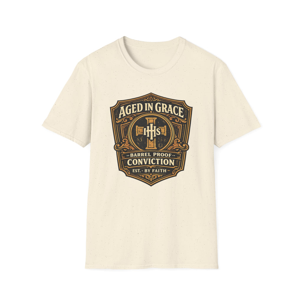 Aged In Grace T-Shirt — 'Aged In Grace: Barrel Proof Conviction' Christian Faith Tee