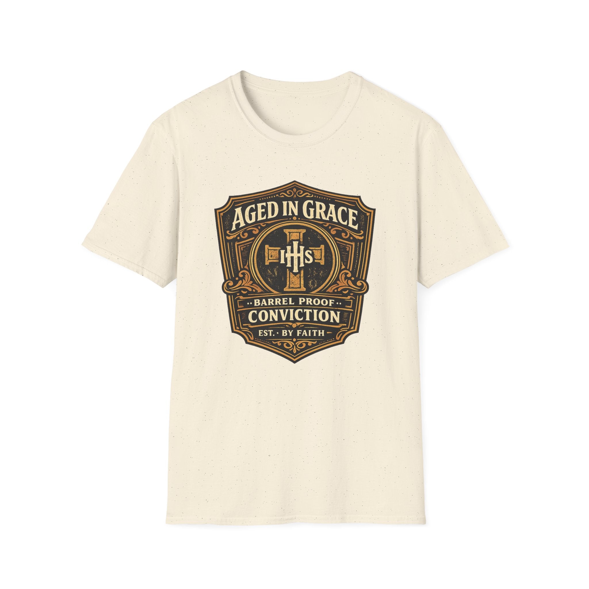 Aged In Grace T-Shirt — 'Aged In Grace: Barrel Proof Conviction' Christian Faith Tee