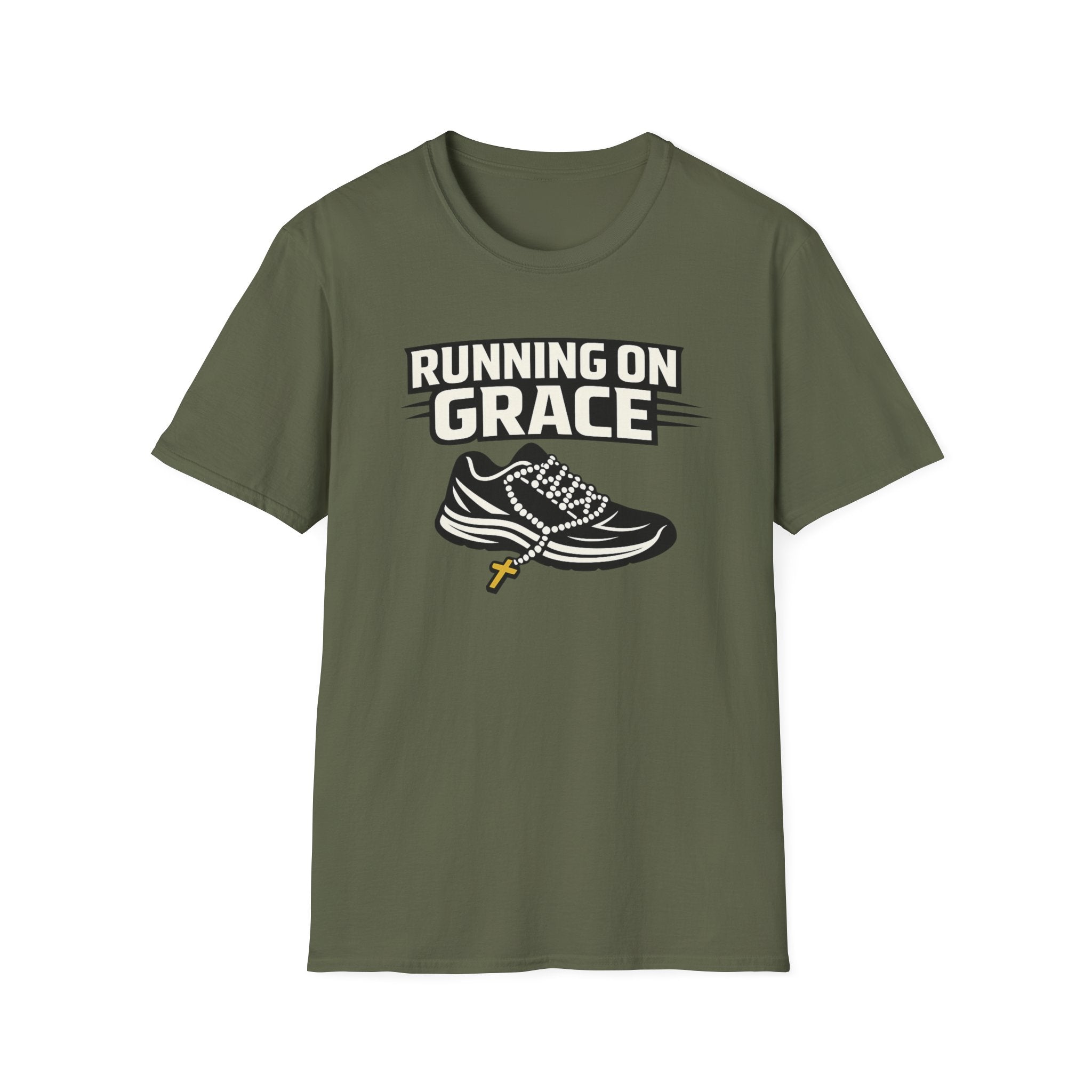 Running On Grace T-Shirt — Christian Running Tee with Sneaker & Cross