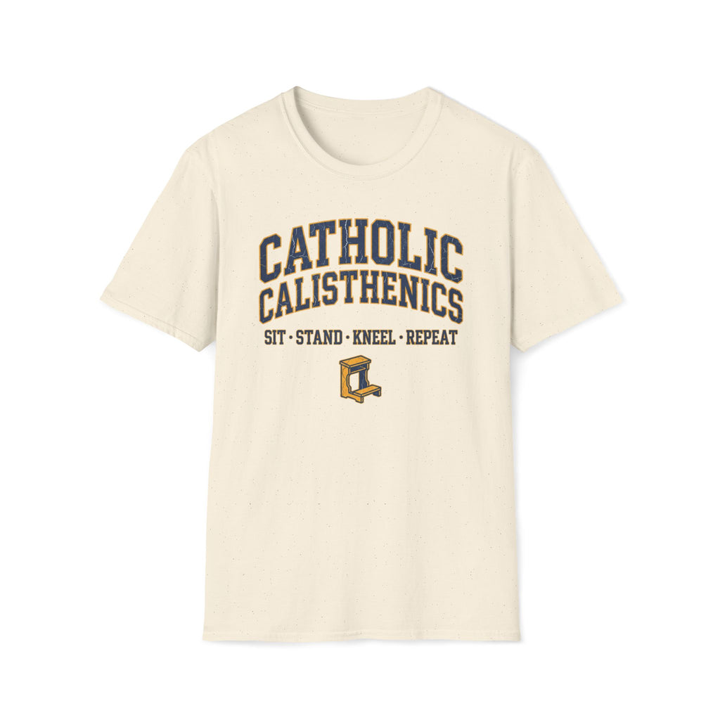 Catholic Calisthenics T-Shirt — "Sit • Stand • Kneel • Repeat" Prayer Bench Tee