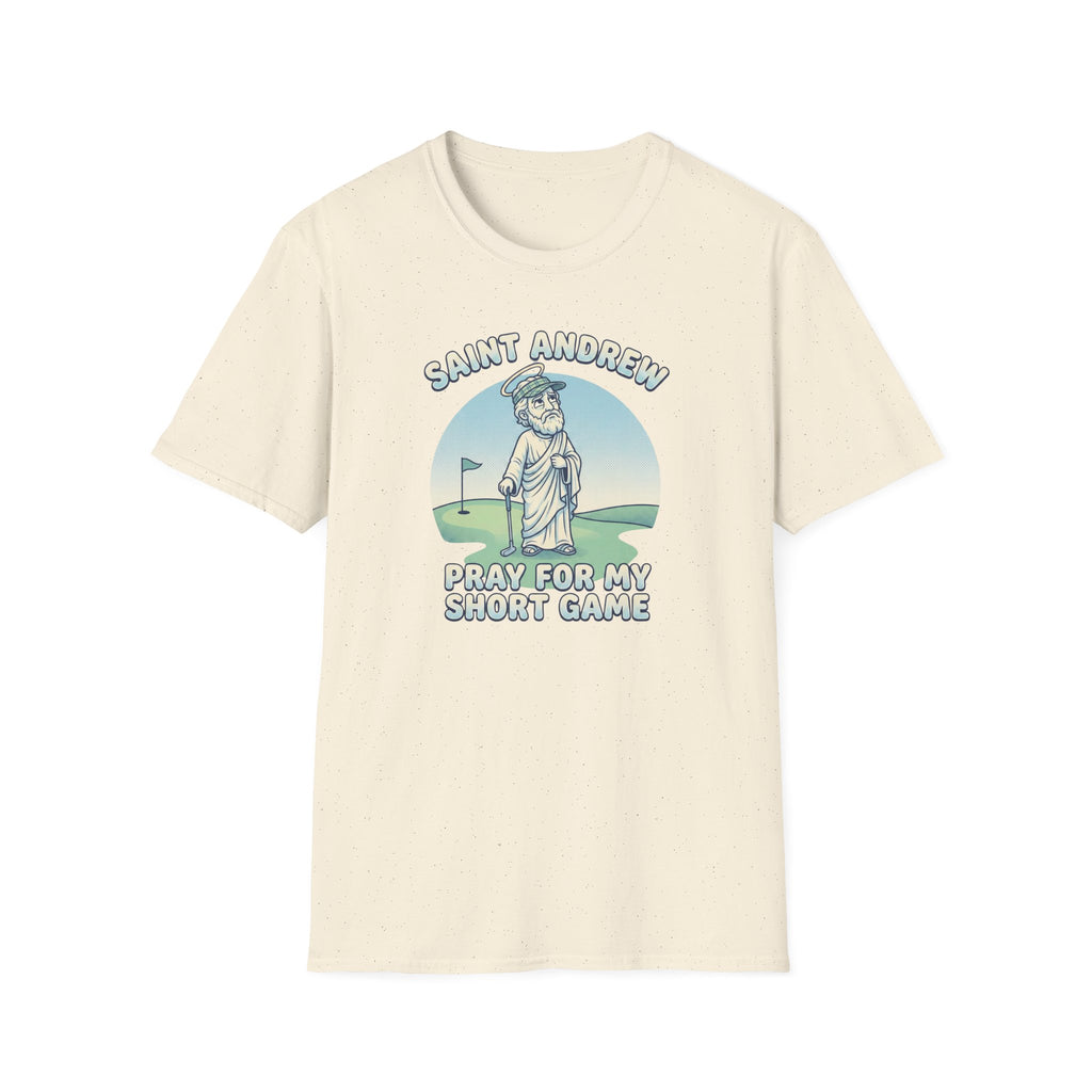 Saint Andrew Golf T-Shirt – “Pray For My Short Game” Golf Humor Tee