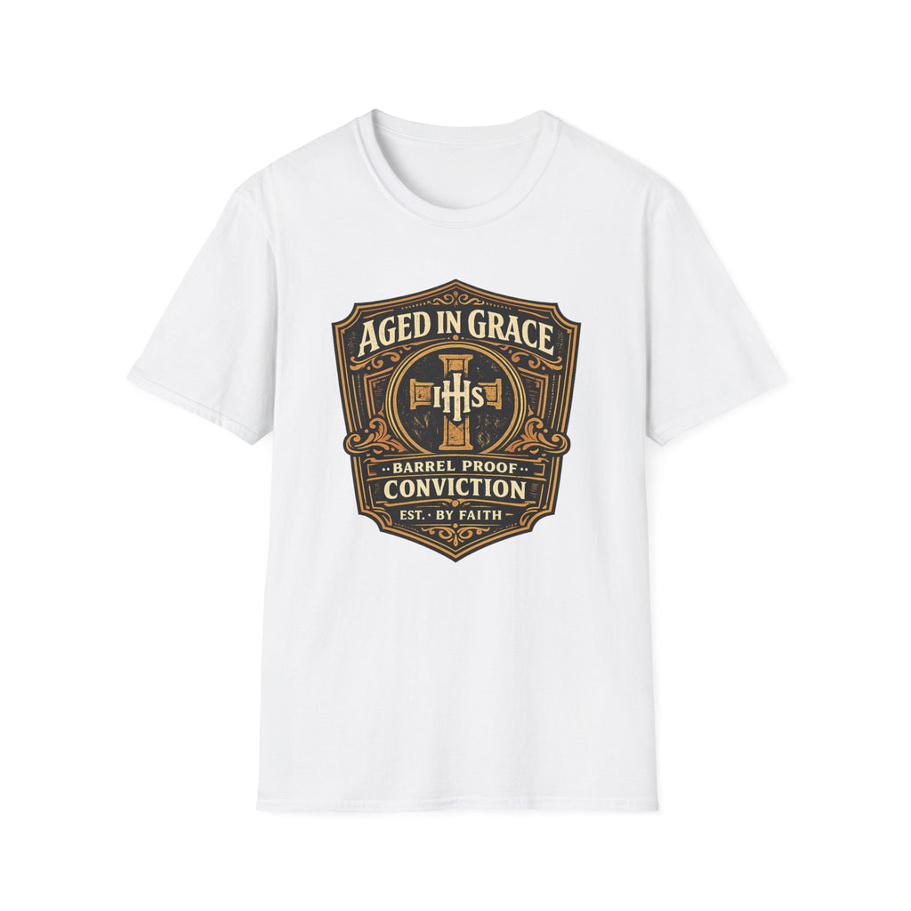 Aged In Grace T-Shirt — 'Aged In Grace: Barrel Proof Conviction' Christian Faith Tee