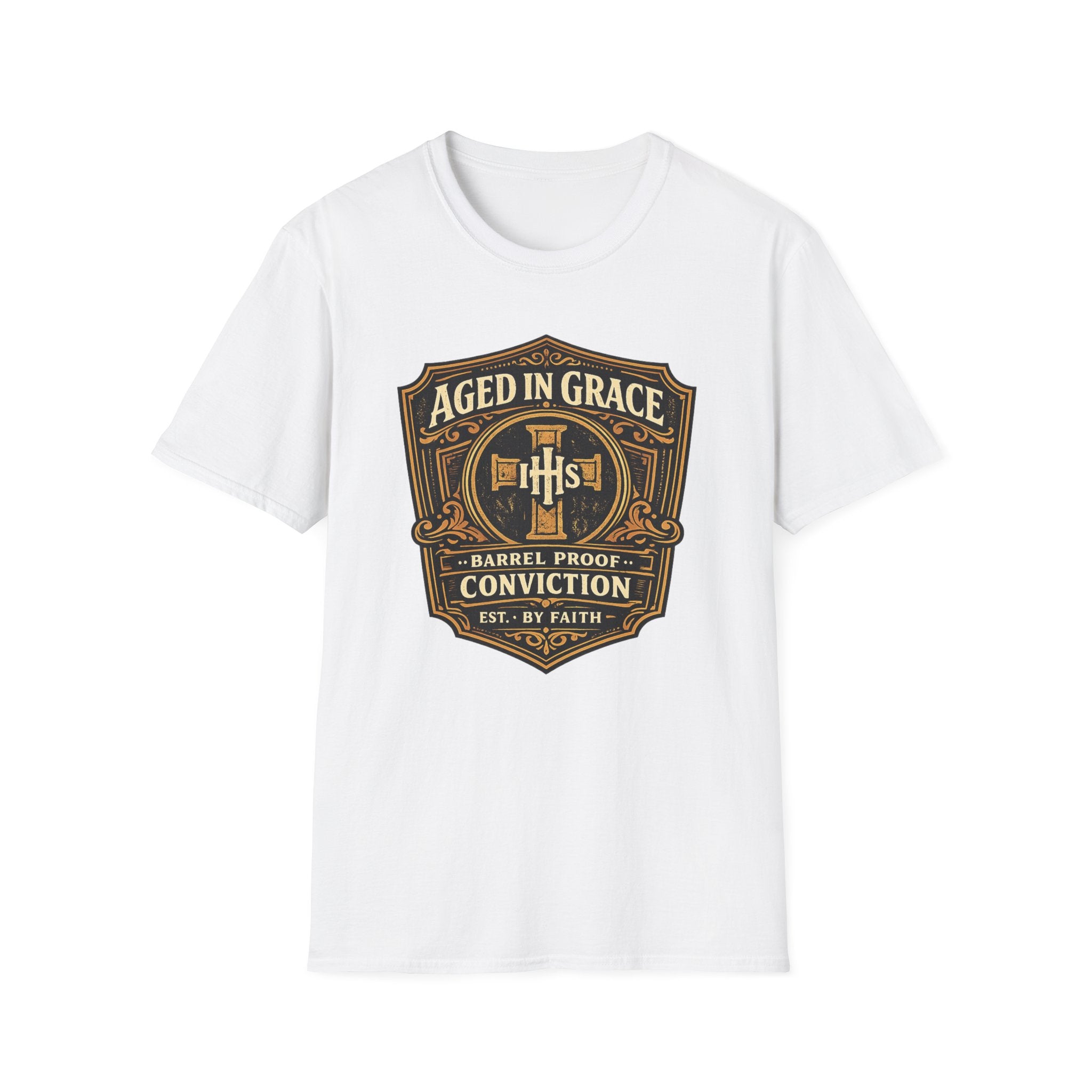 Aged In Grace T-Shirt — 'Aged In Grace: Barrel Proof Conviction' Christian Faith Tee