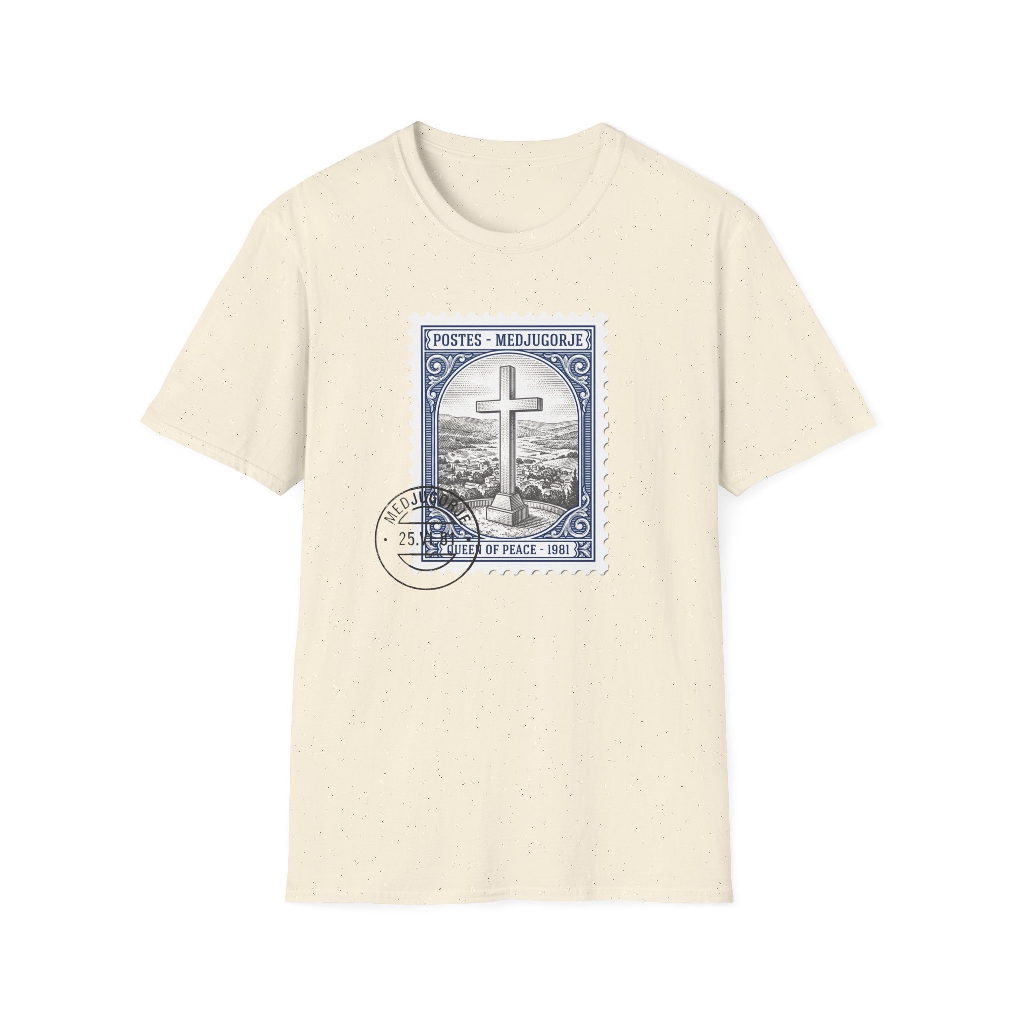 Christian Cross Stamp T‑Shirt — Vintage Postage Religious Tee