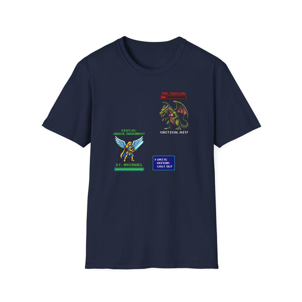 Retro RPG Battle Screen T-Shirt — Pixel Dragon vs Hero Video Game Tee