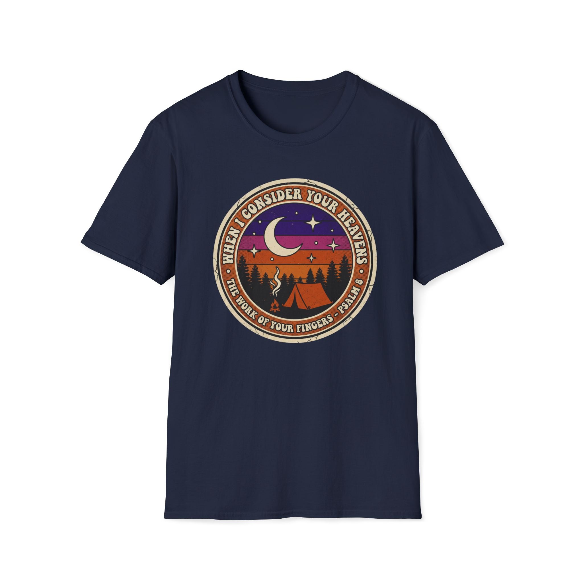 Camping Badge T-Shirt — "When I Consider Your Heavens" Retro Moon & Tent Tee