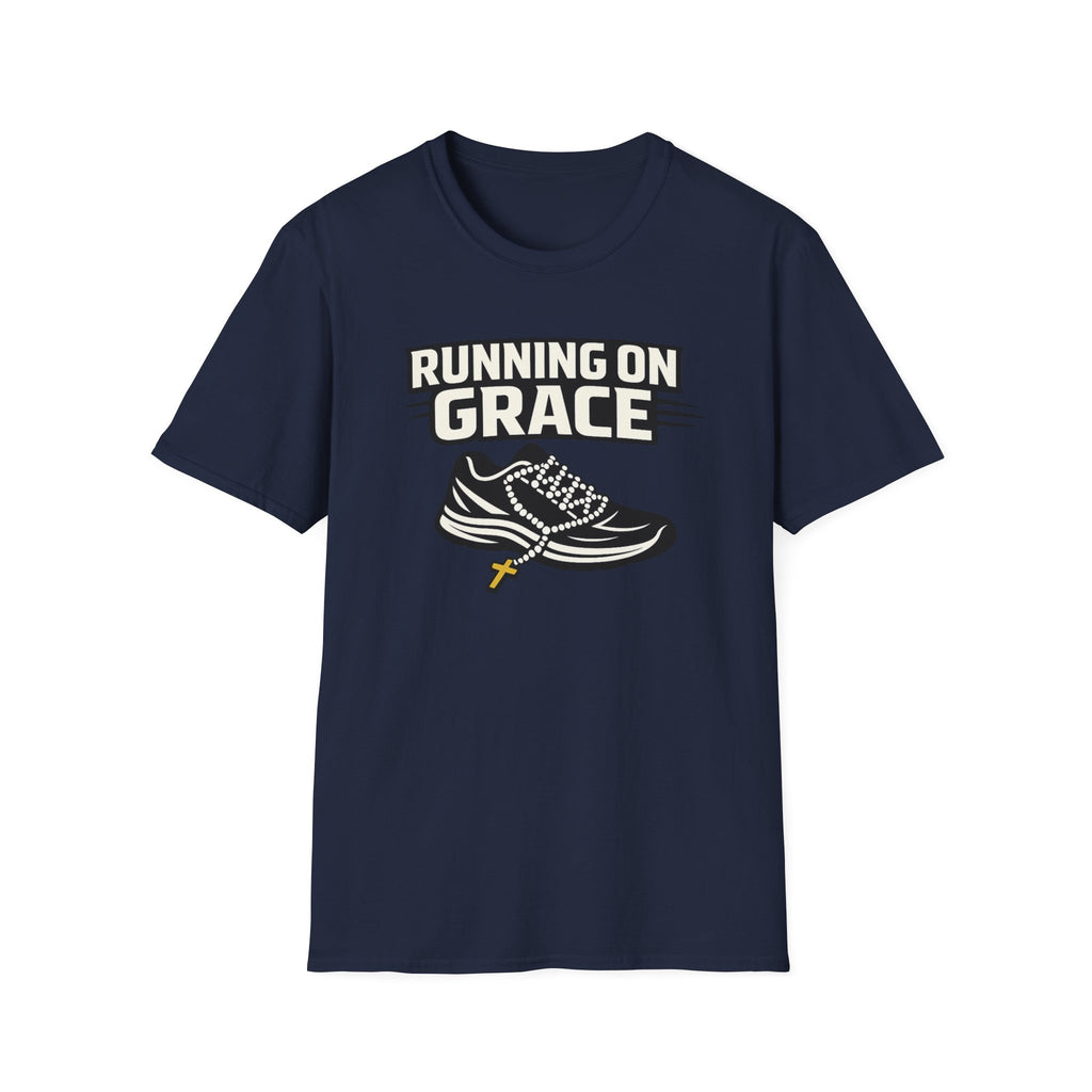 Running On Grace T-Shirt — Christian Running Tee with Sneaker & Cross