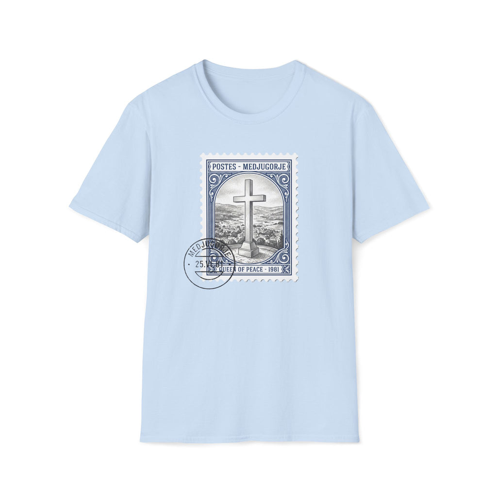 Christian Cross Stamp T‑Shirt — Vintage Postage Religious Tee