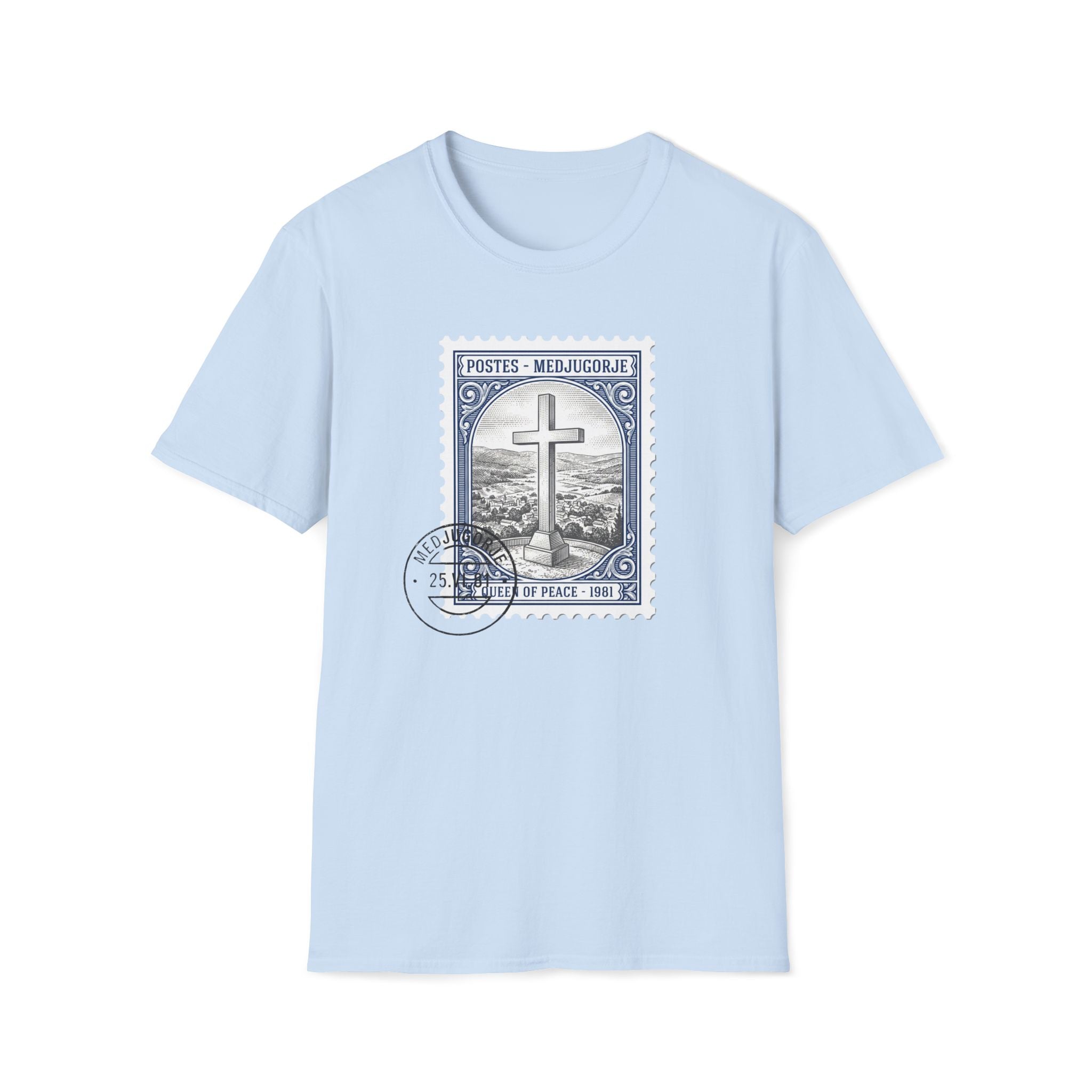 Christian Cross Stamp T‑Shirt — Vintage Postage Religious Tee