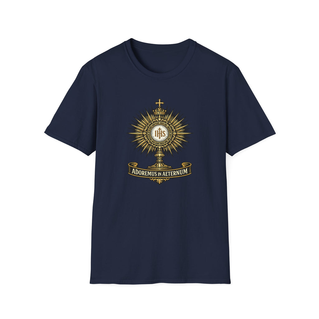 Religious Monstrance T-Shirt — “Adoremus in Aeternum” Catholic Eucharist Tee
