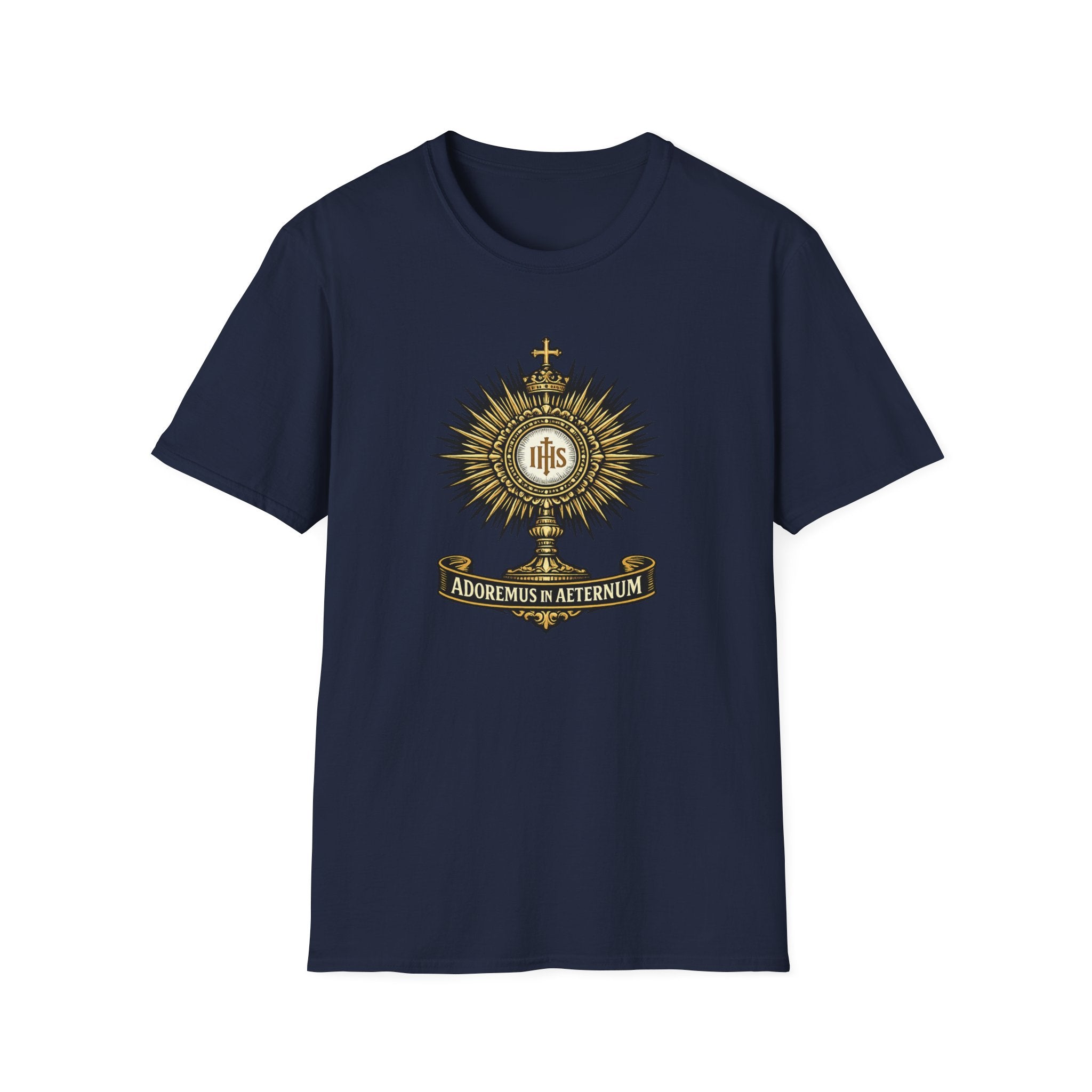 Religious Monstrance T-Shirt — “Adoremus in Aeternum” Catholic Eucharist Tee