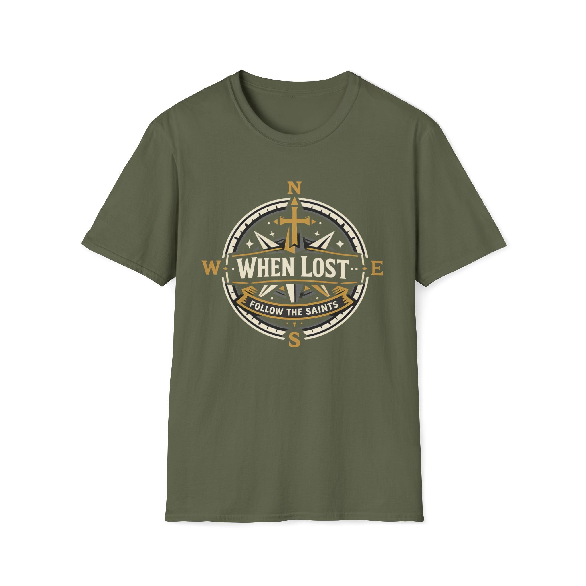 When Lost Compass T-Shirt — "When Lost Follow the Saints" Christian Compass Tee