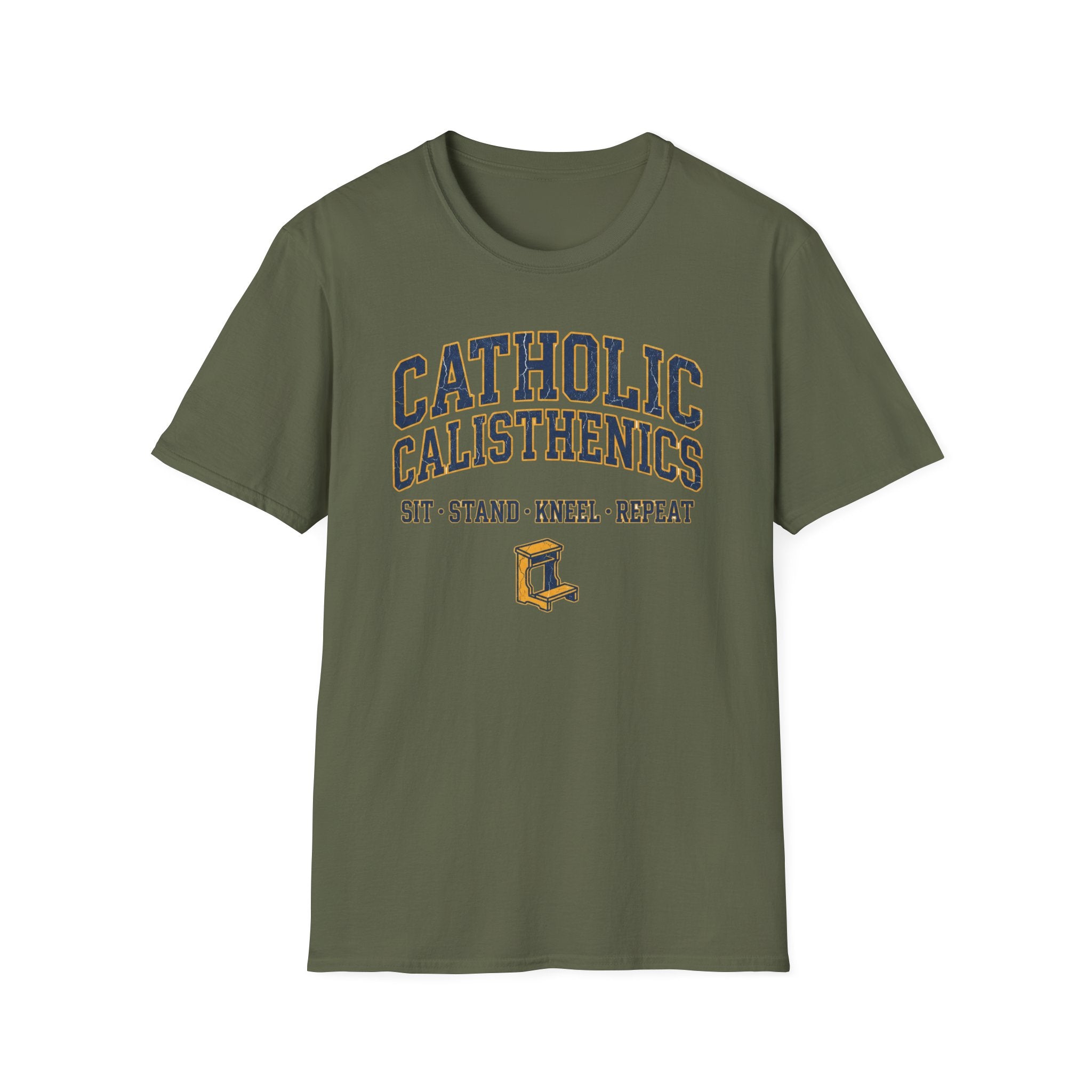 Catholic Calisthenics T-Shirt — "Sit • Stand • Kneel • Repeat" Prayer Bench Tee