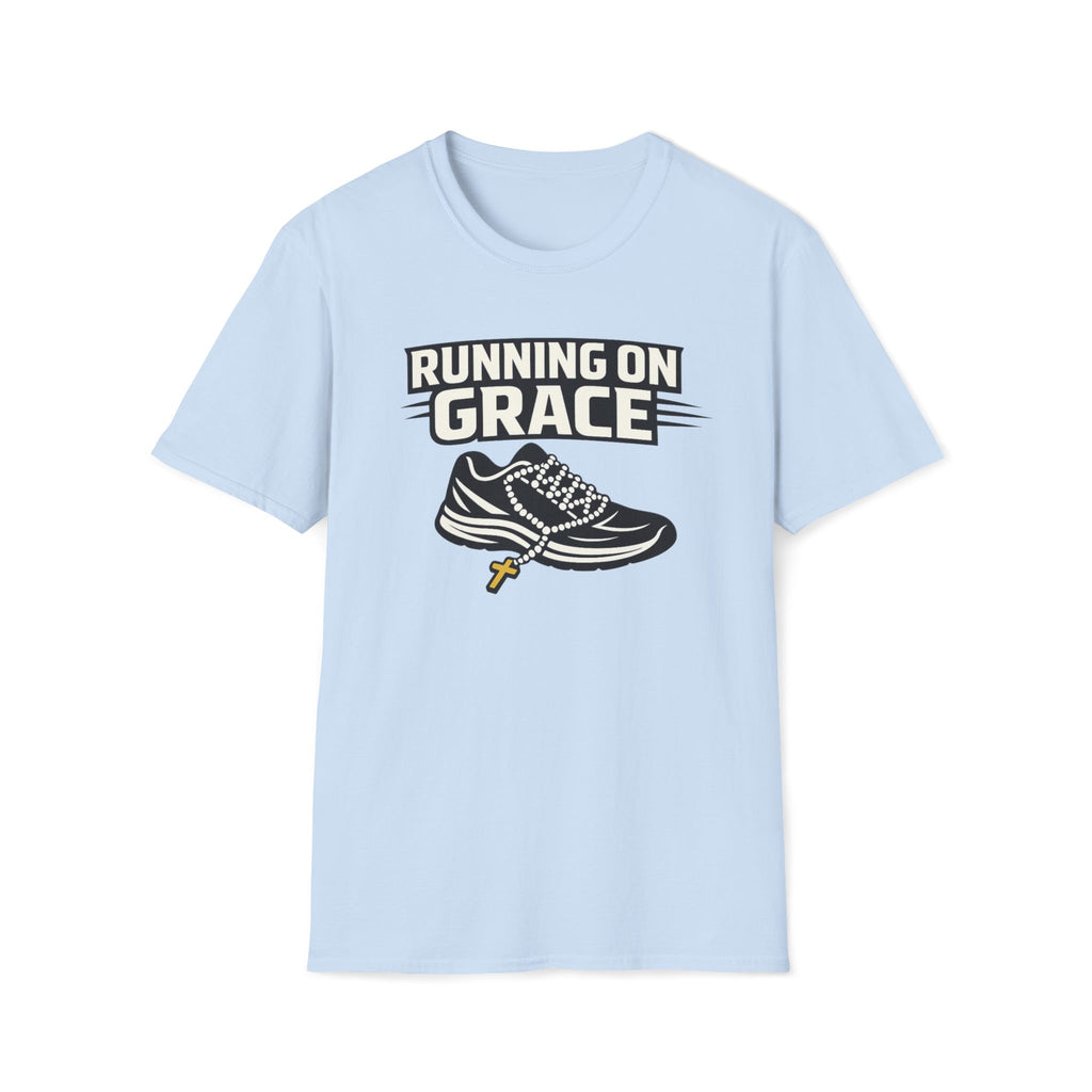 Running On Grace T-Shirt — Christian Running Tee with Sneaker & Cross