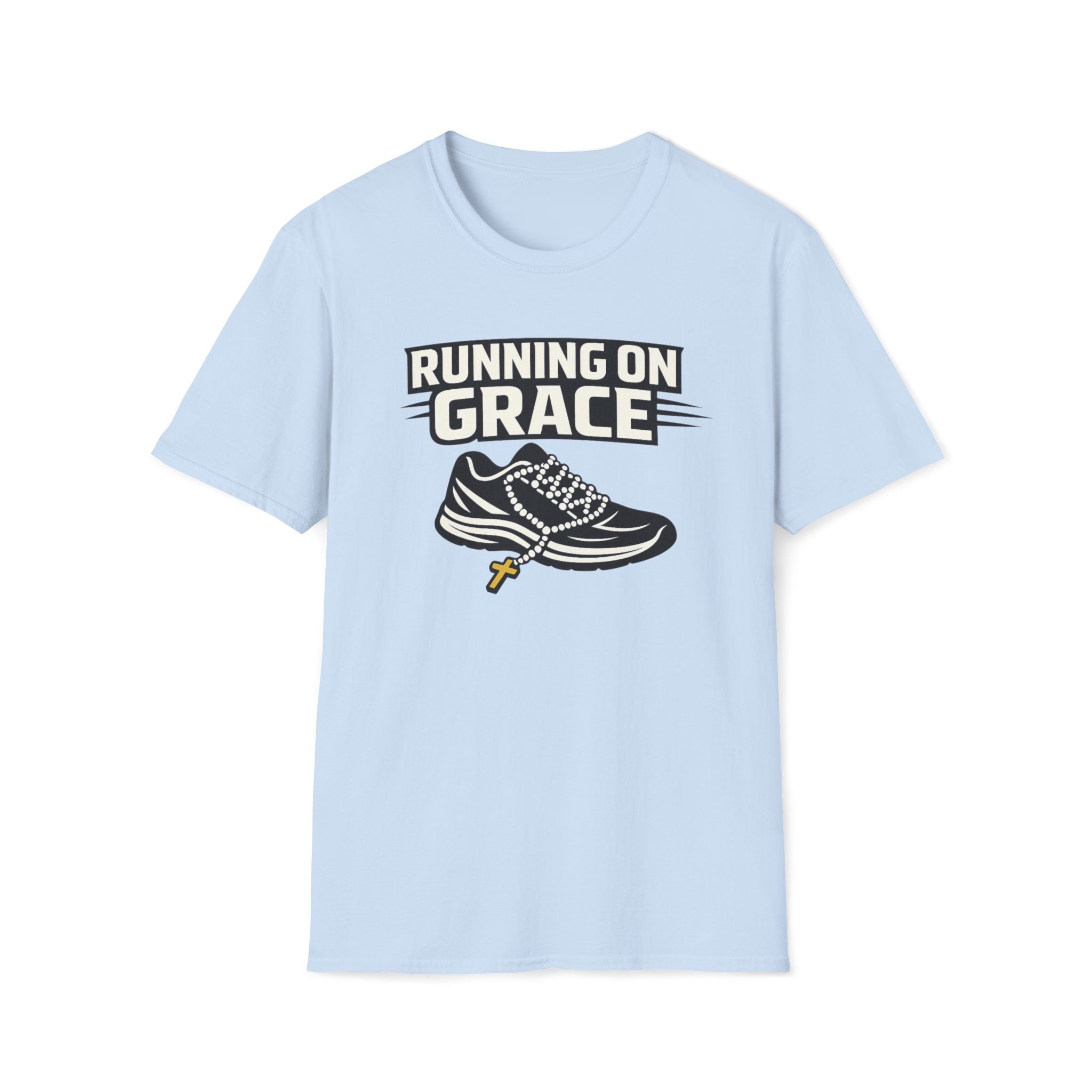 Running On Grace T-Shirt — Christian Running Tee with Sneaker & Cross