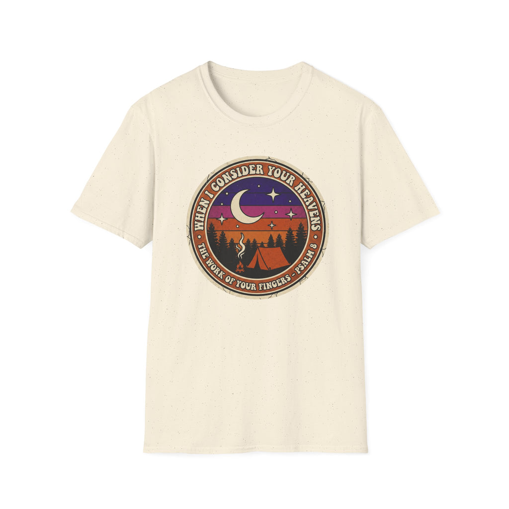 Camping Badge T-Shirt — "When I Consider Your Heavens" Retro Moon & Tent Tee