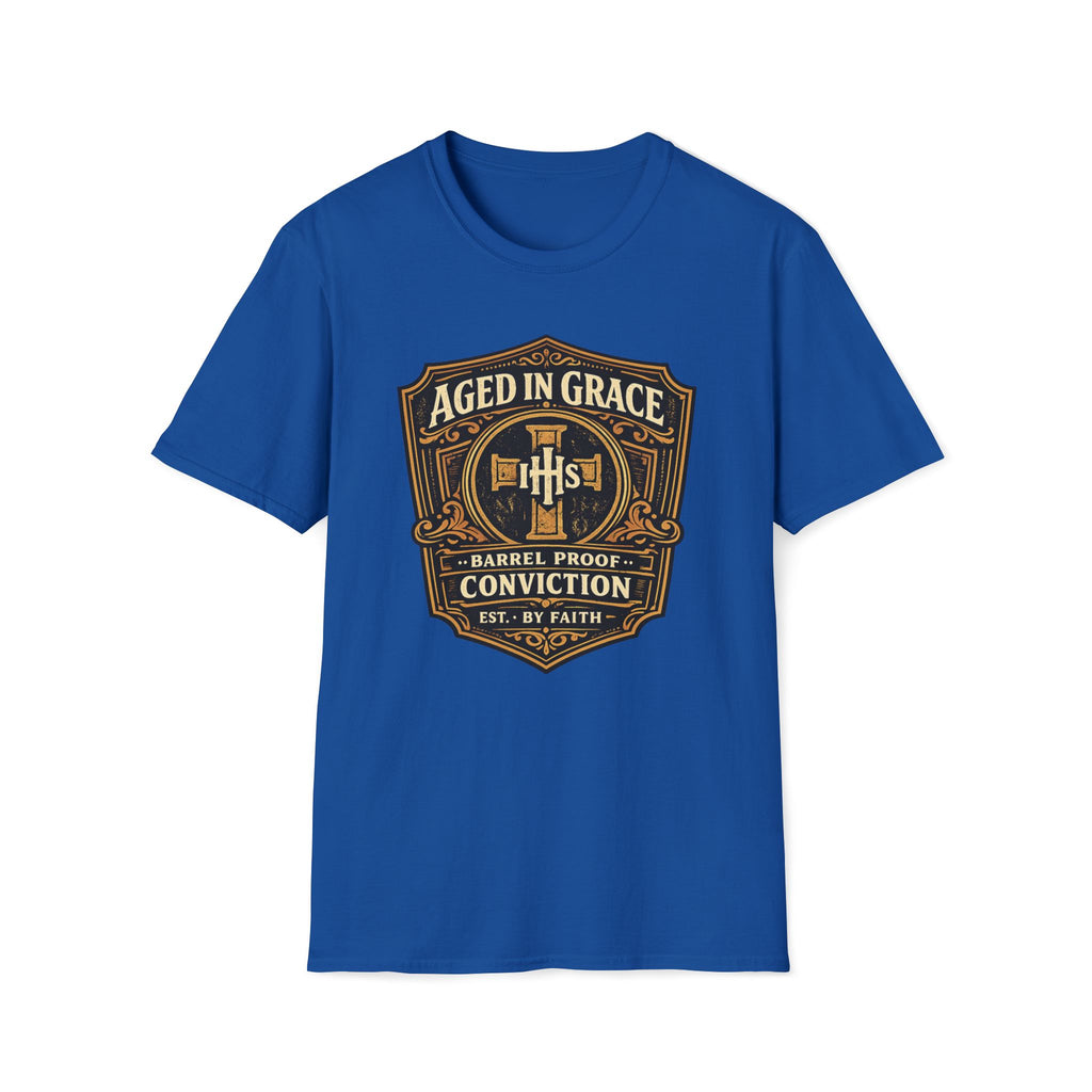Aged In Grace T-Shirt — 'Aged In Grace: Barrel Proof Conviction' Christian Faith Tee